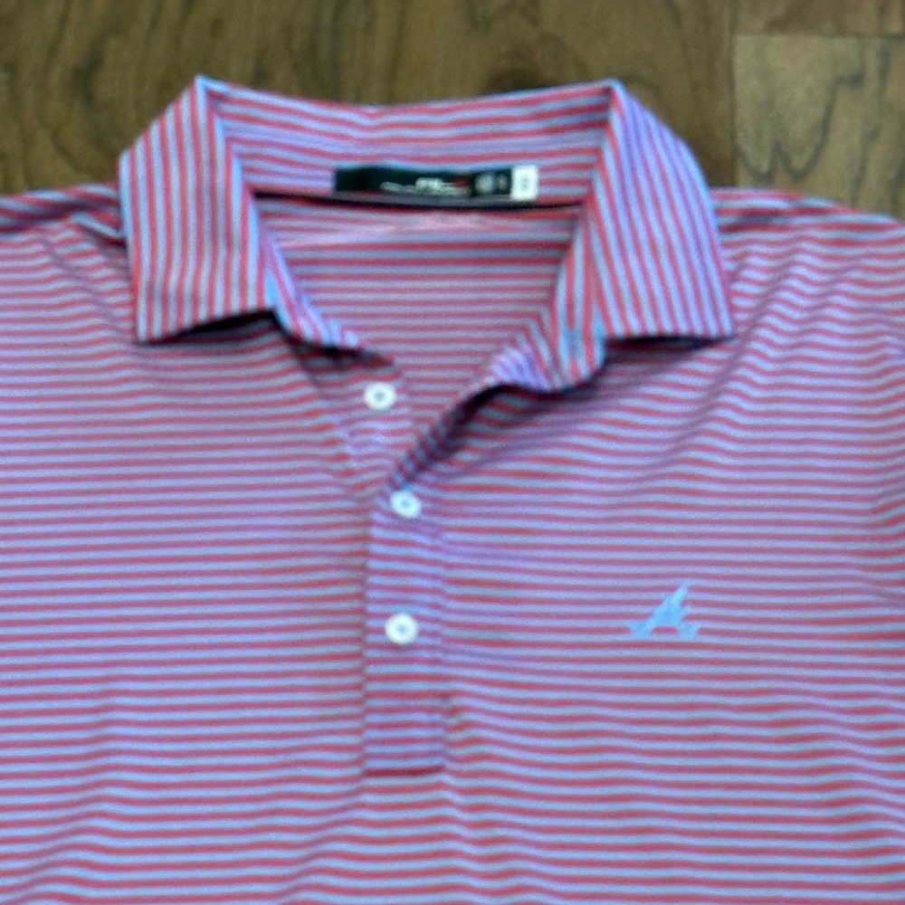 RLX Ralph Lauren Mens Striped Performance Polo Shirt Red Blue XL Atl Braves logo